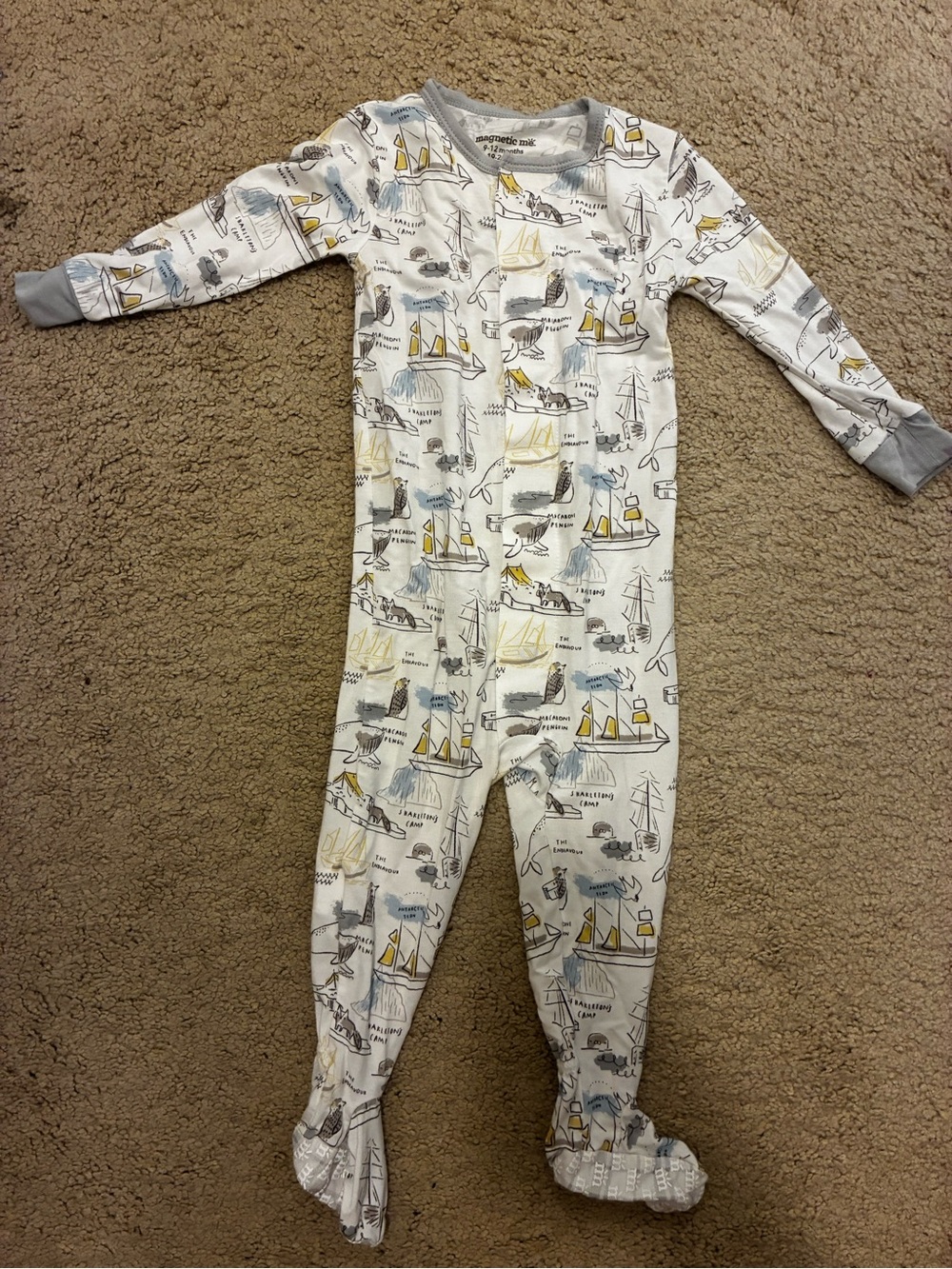 Magnetic Me White Nautical Print Footed One-Piece with Gray Trim
